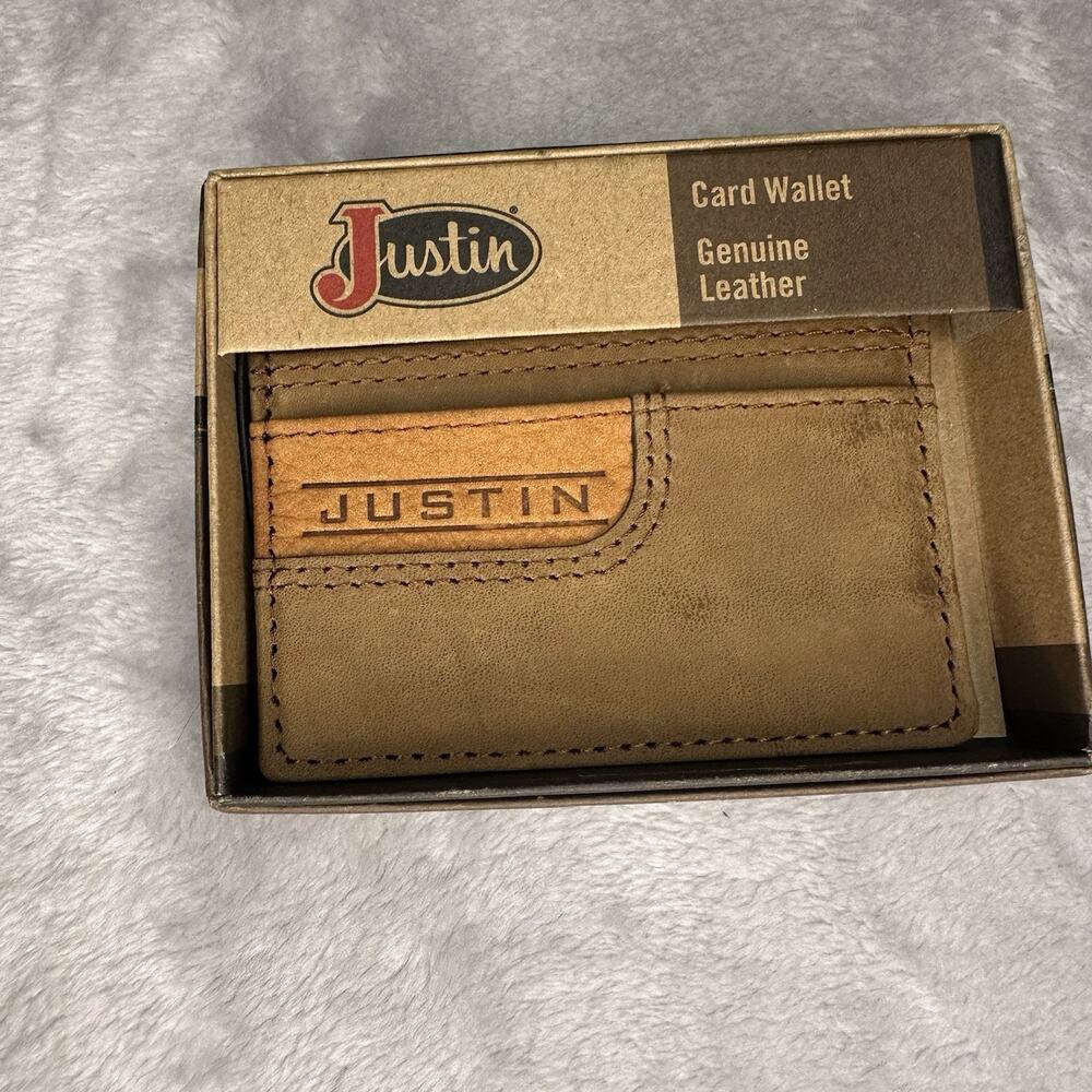 Justin Card Wallet Genuine‎ Suede Leather Tan Brown Logo Justin Boots Cowboy